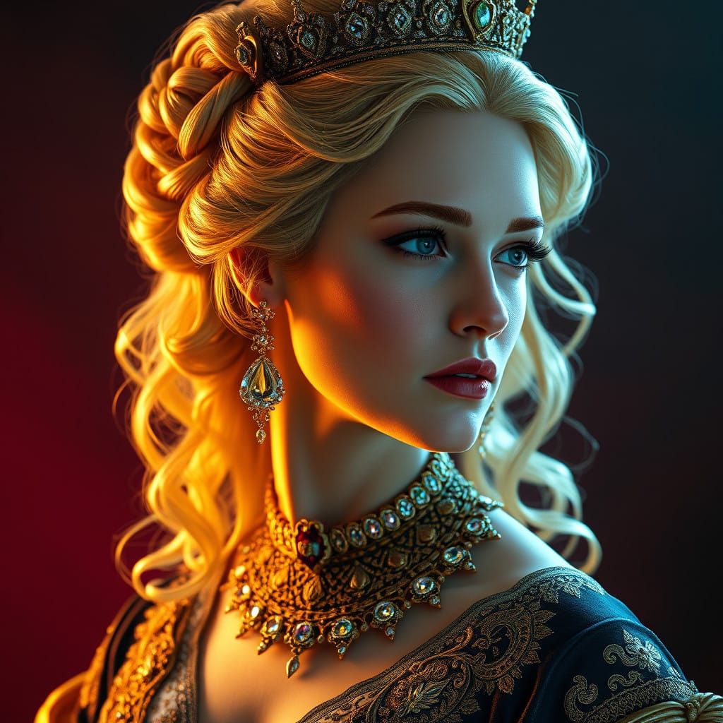 Golden Queen in Futuristic British Regalia with Crystal Earr...