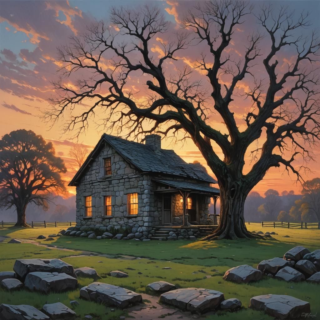 Pastel Sunset Landscape with Stone House