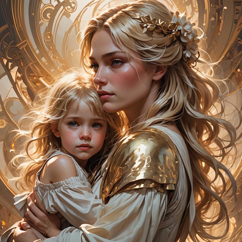 Blonde Woman and Child Portrait in Hyperdetailed Style