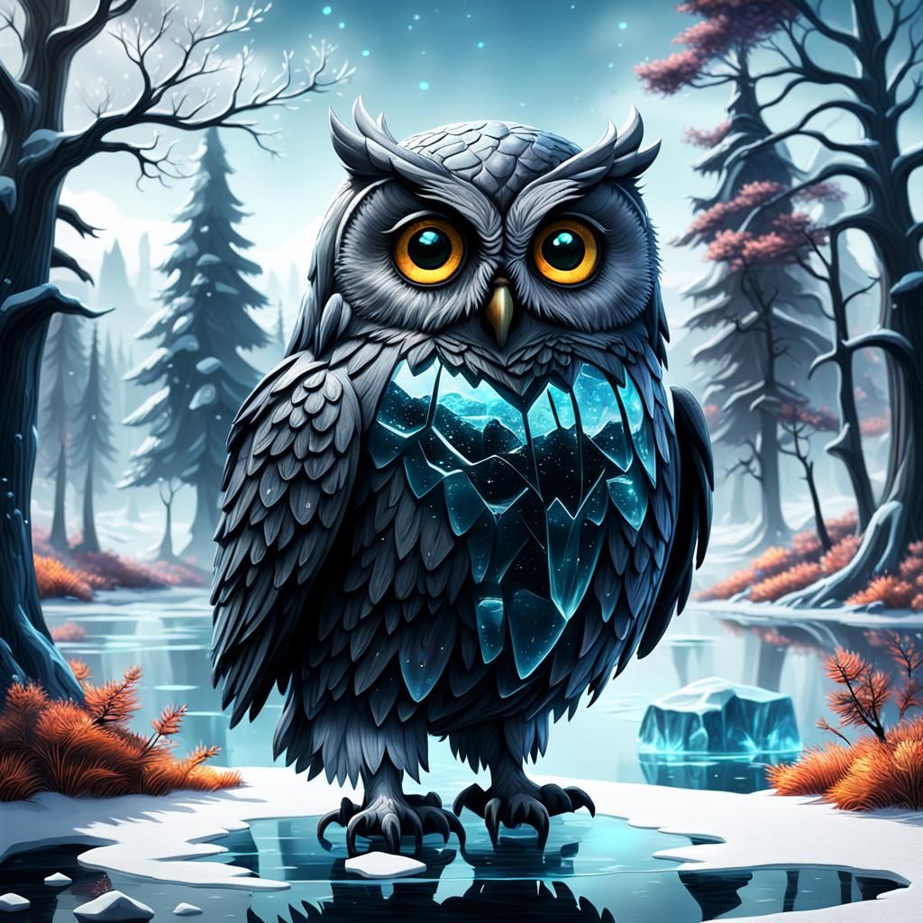 Glass Ice Owl in a Fantastical Landscape