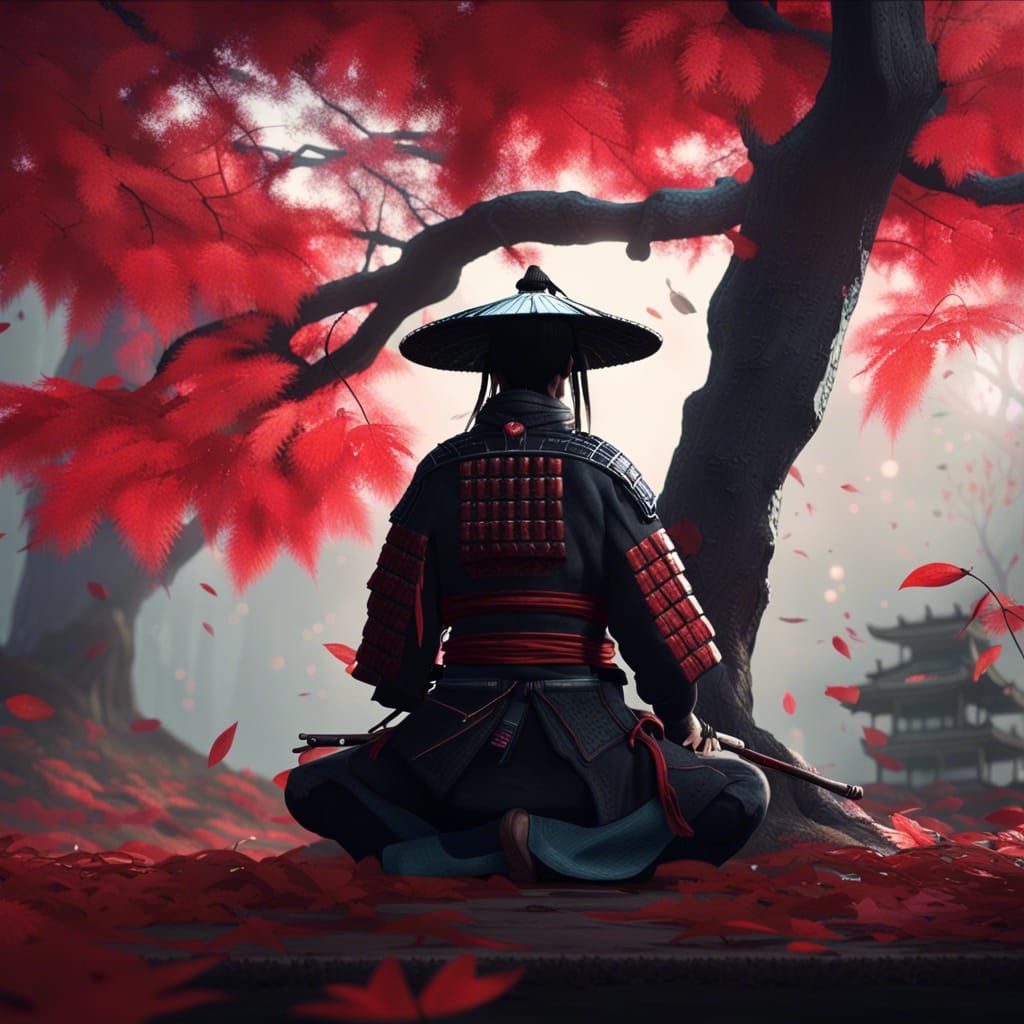 Samurai Beneath Tree in Ghost of Tsushima Style