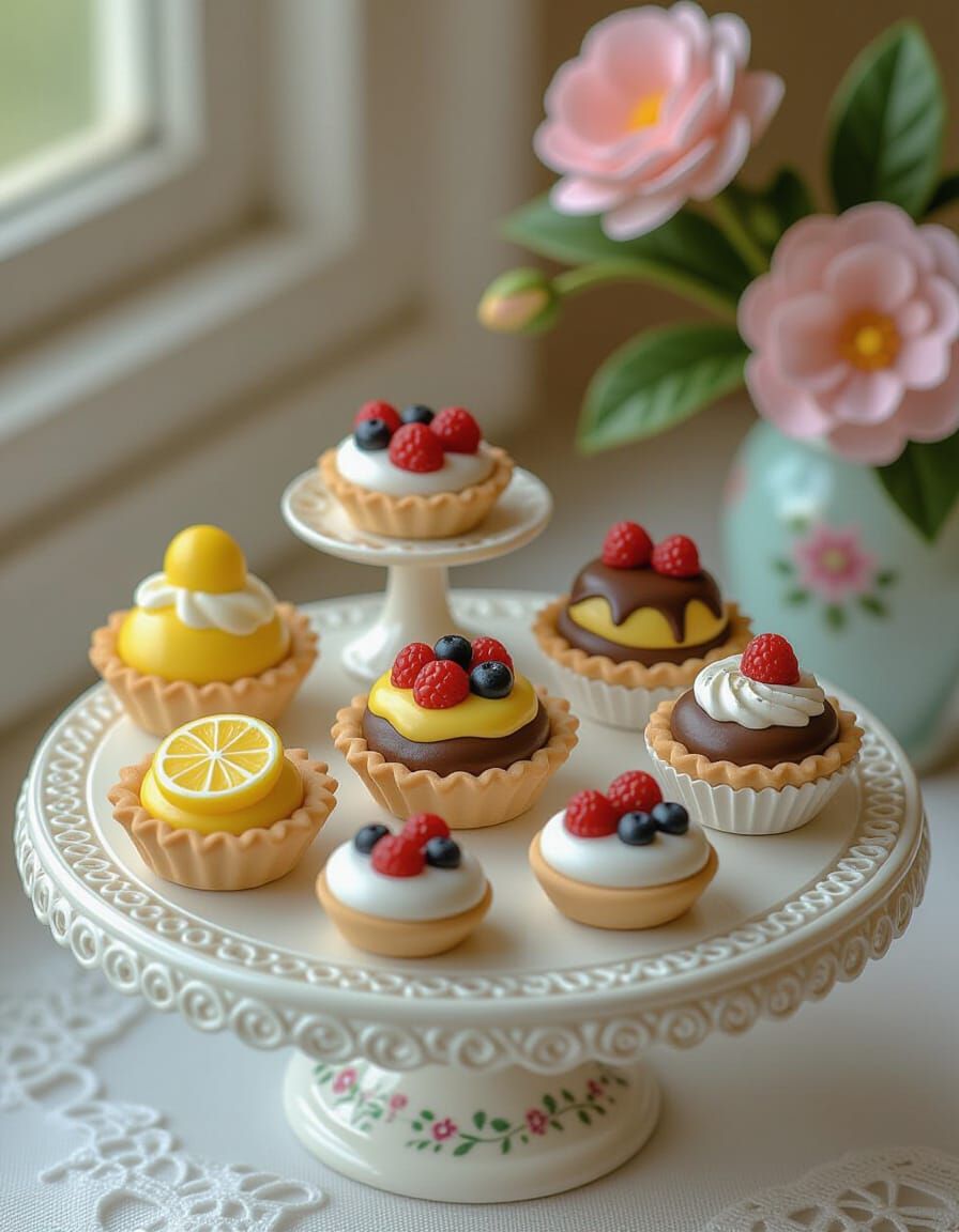 Miniature Clay Desserts on Ornate Table: A Pop Surrealist St...