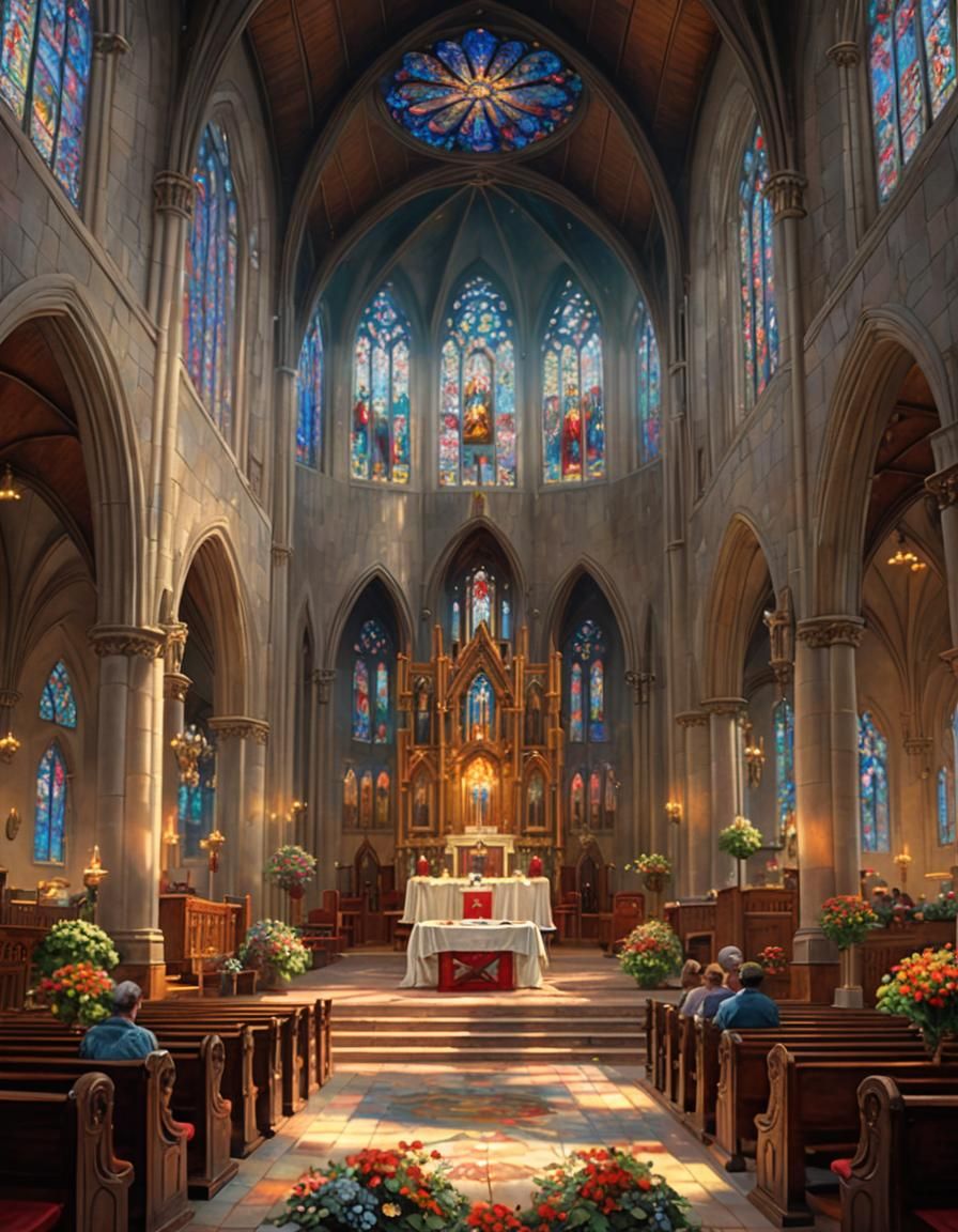 Cathedral Interior with Nasturtiums in Ethereal Light