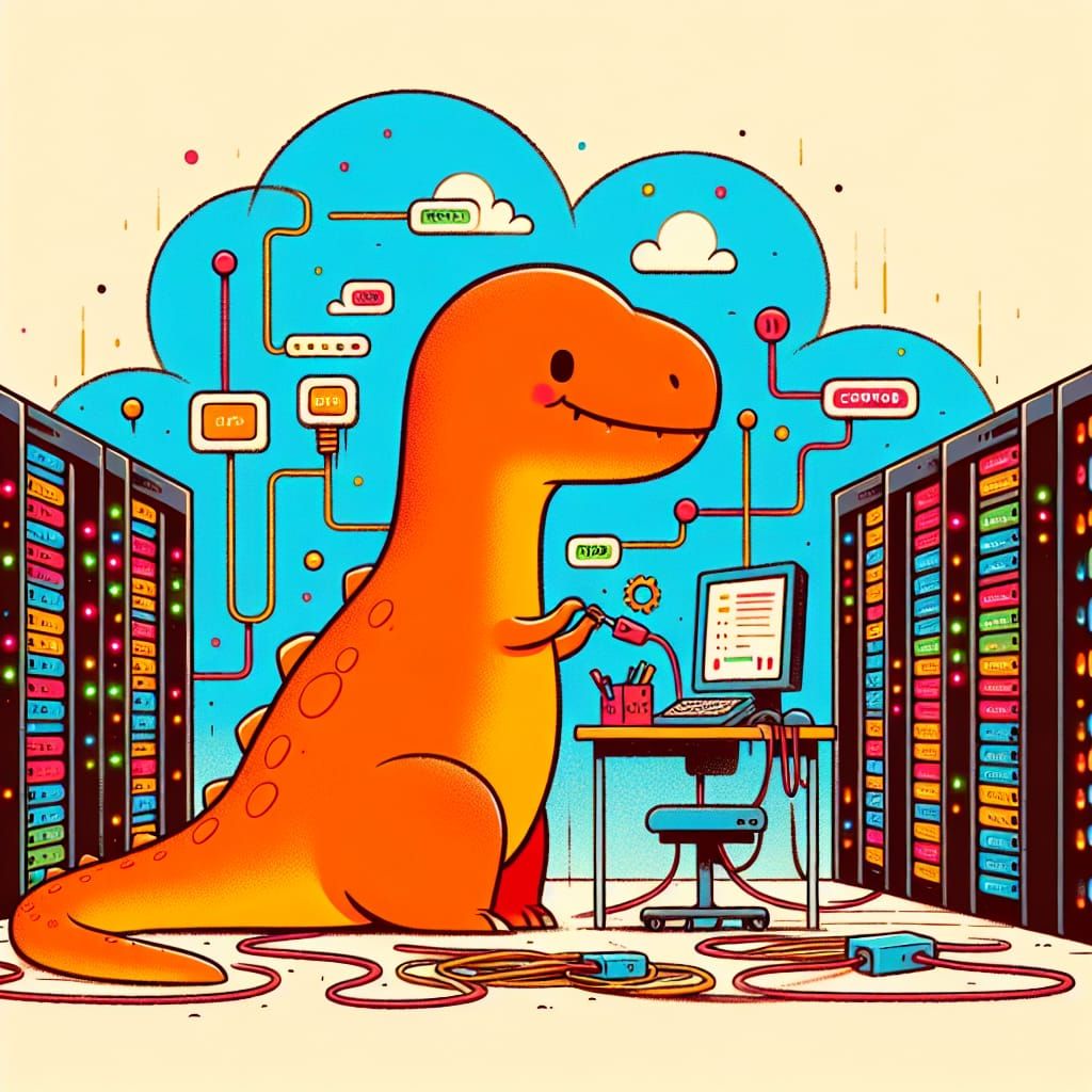 T-Rex in Server Room: Typographic Stick Art Cartoon