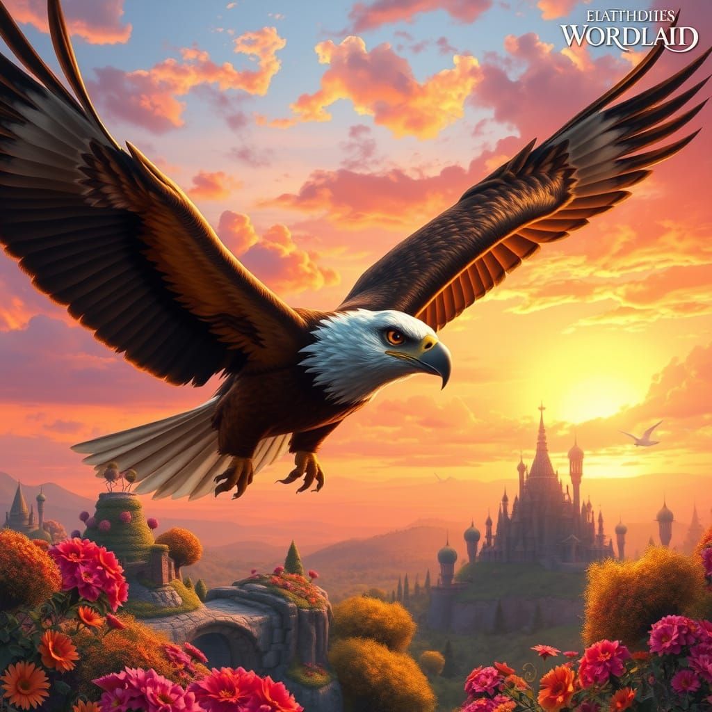 Eagle Soars Through Whimsical Wonderland Sunset in Semi-Real...