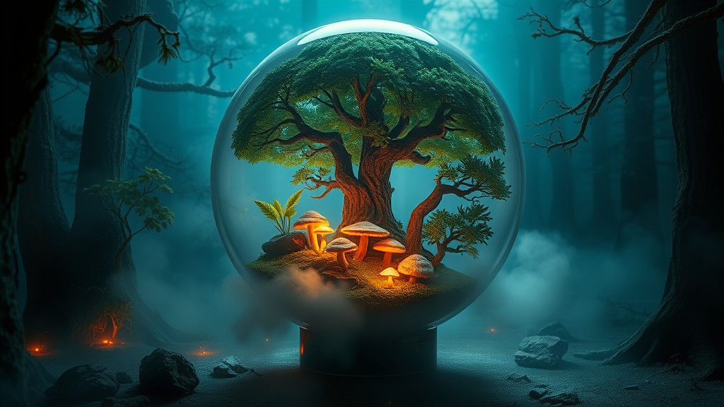 Fantasy Forest Diorama in Crystal Sphere, 3D Render