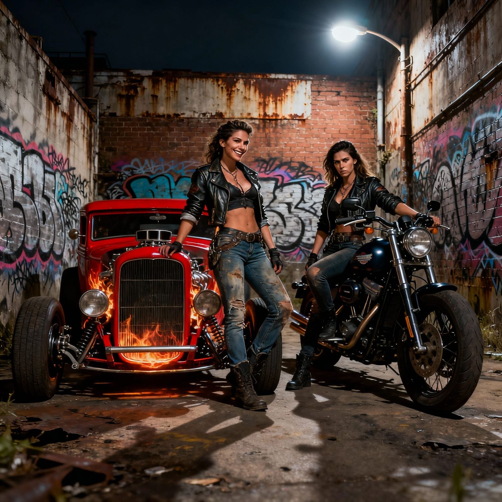 Women and Hot Rods in Gritty Alleyway Photograph
