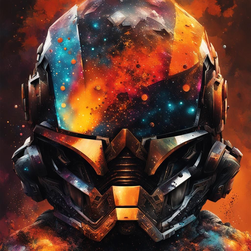 Futuristic Humandroid Helmet in Nebula Pointillism Style