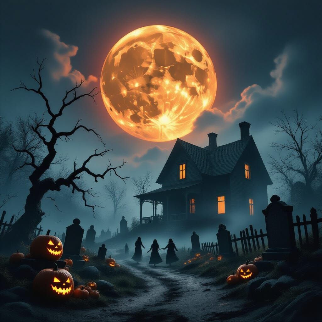 Eerie Halloween Village Under Crimson Moon