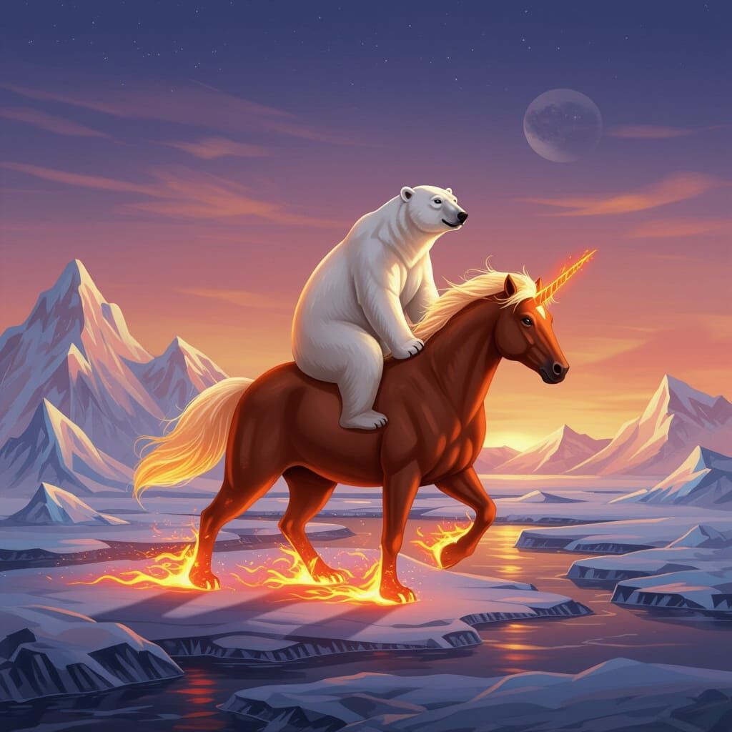 Polar Bear Rides Fiery Horse Through Surreal Landscapes