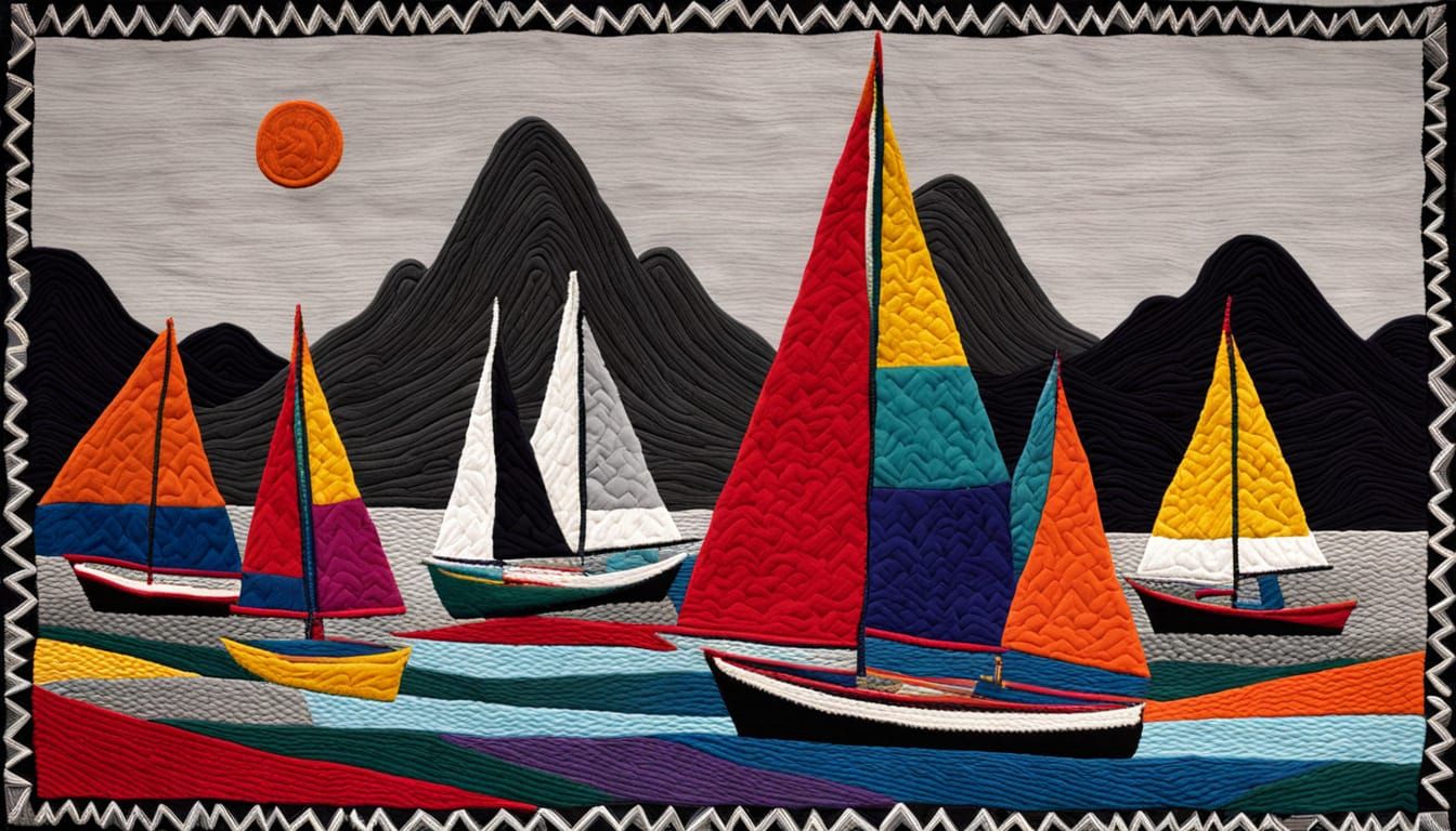 Monochrome Sailboat Landscape with Ndebele Patterns