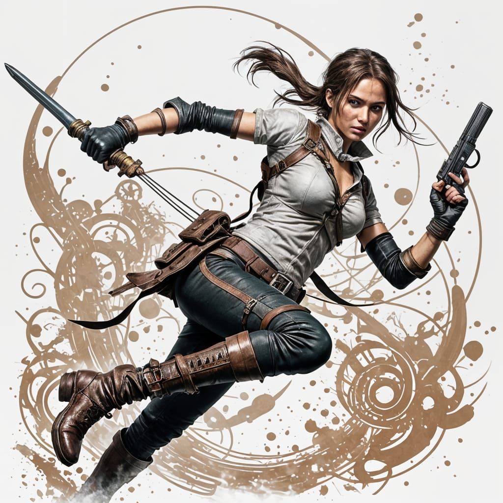 Steampunk Lara Croft in Action, Digital Art