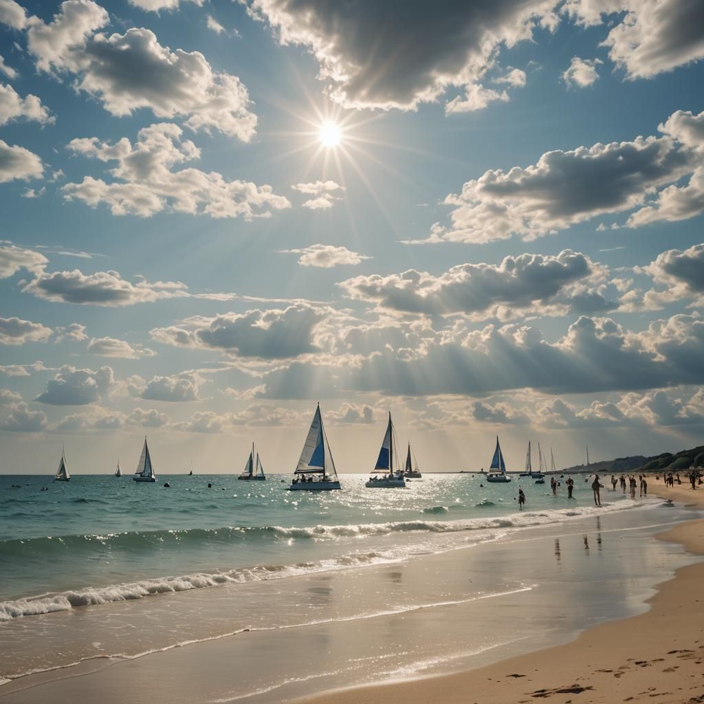 Idyllic Beach Scene with Sailboats and Swimmers