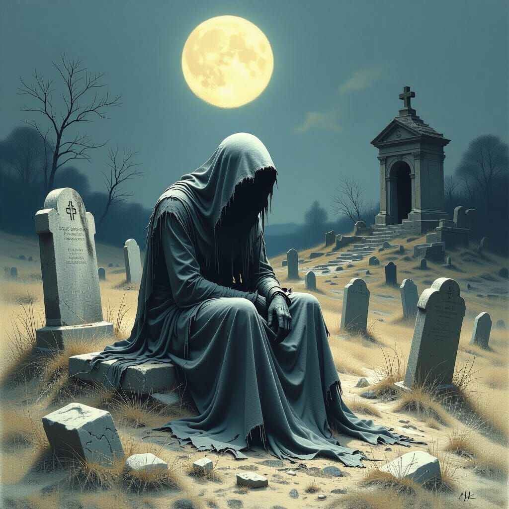 Melancholic Figure in Desolate Moonlit Landscape