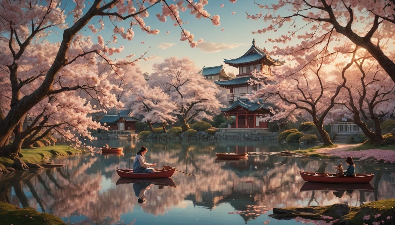 Cherry Blossom Picnic in Matte Painting Style