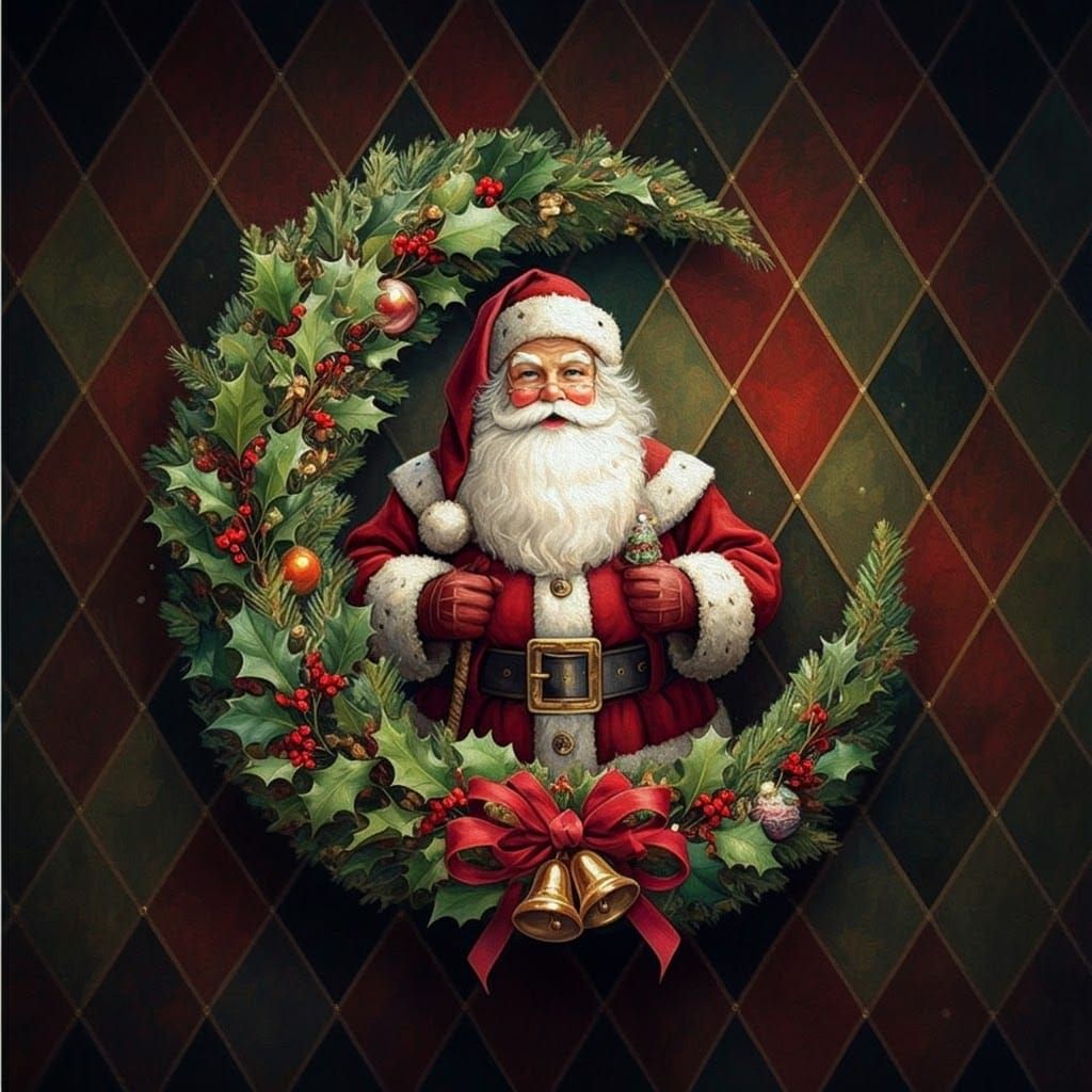 Santa Claus with Christmas Wreath in Classic Painting Style