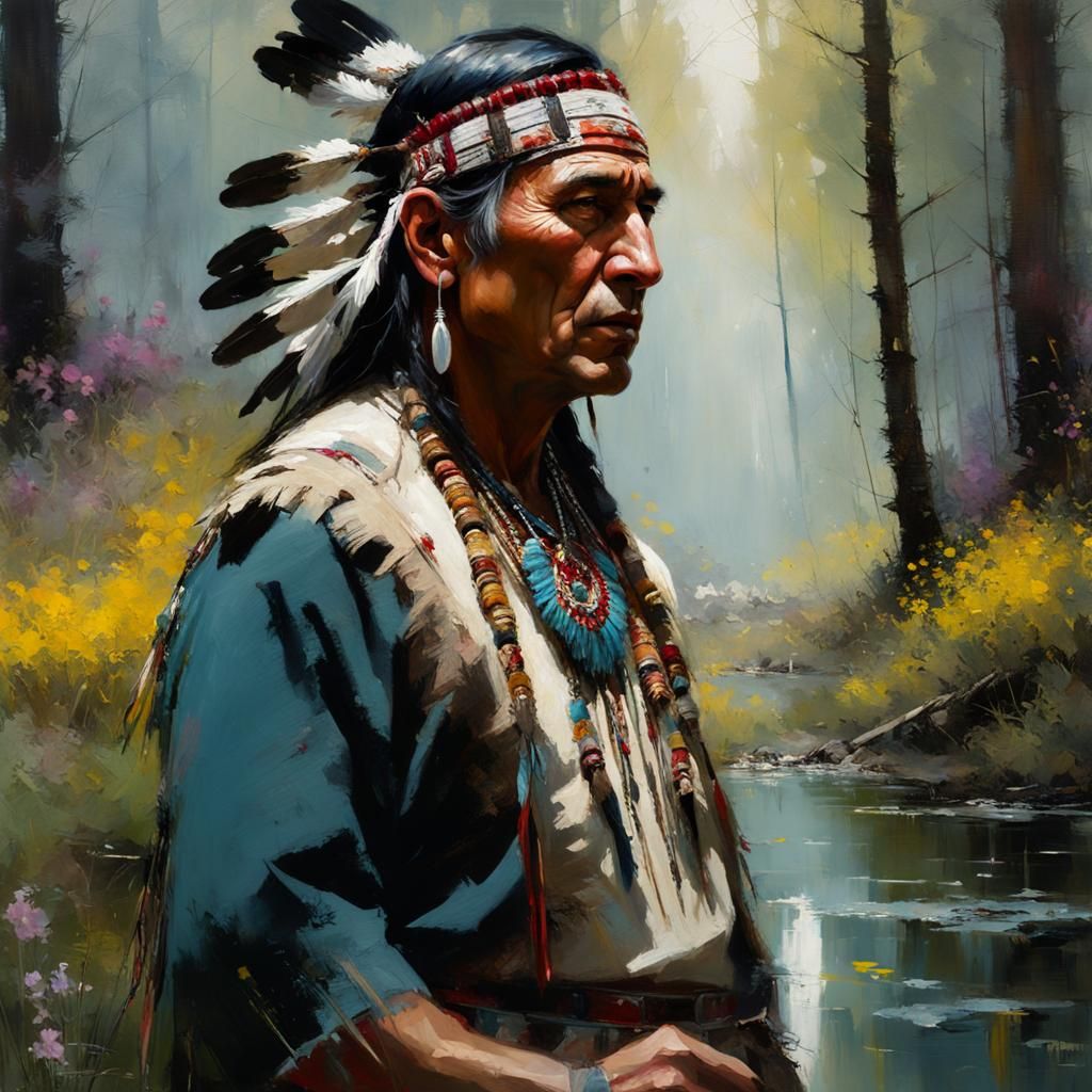 Native American Man in Forest: Oil Painting