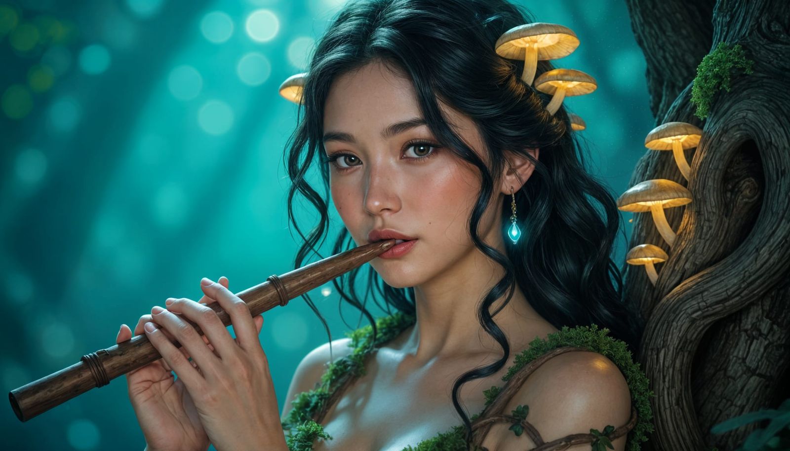 Dryad Musician with Bioluminescent Fungi in Deep Forest