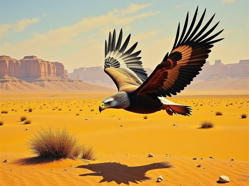 Eagle Soaring Over Desert, as Impasto Oil Painting