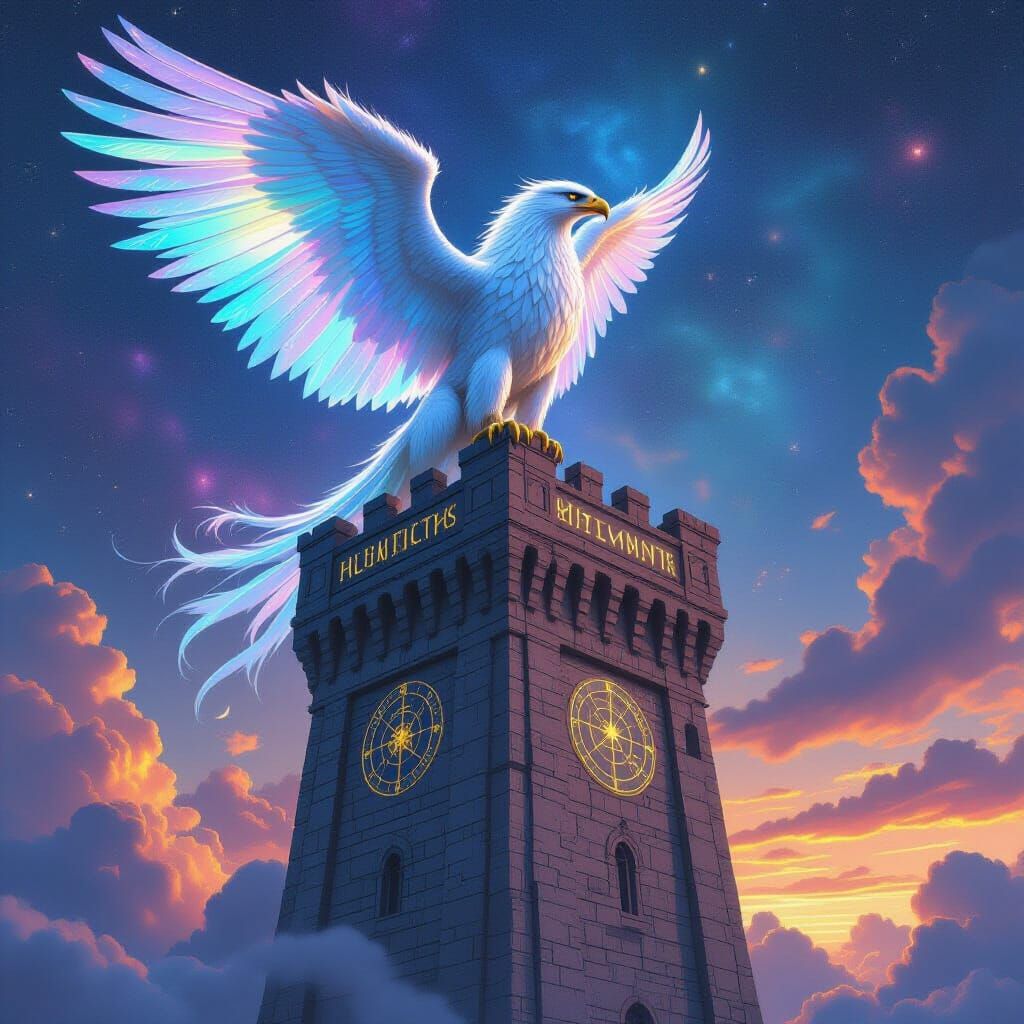 Cosmic Griffin Perched on Ancient Tower