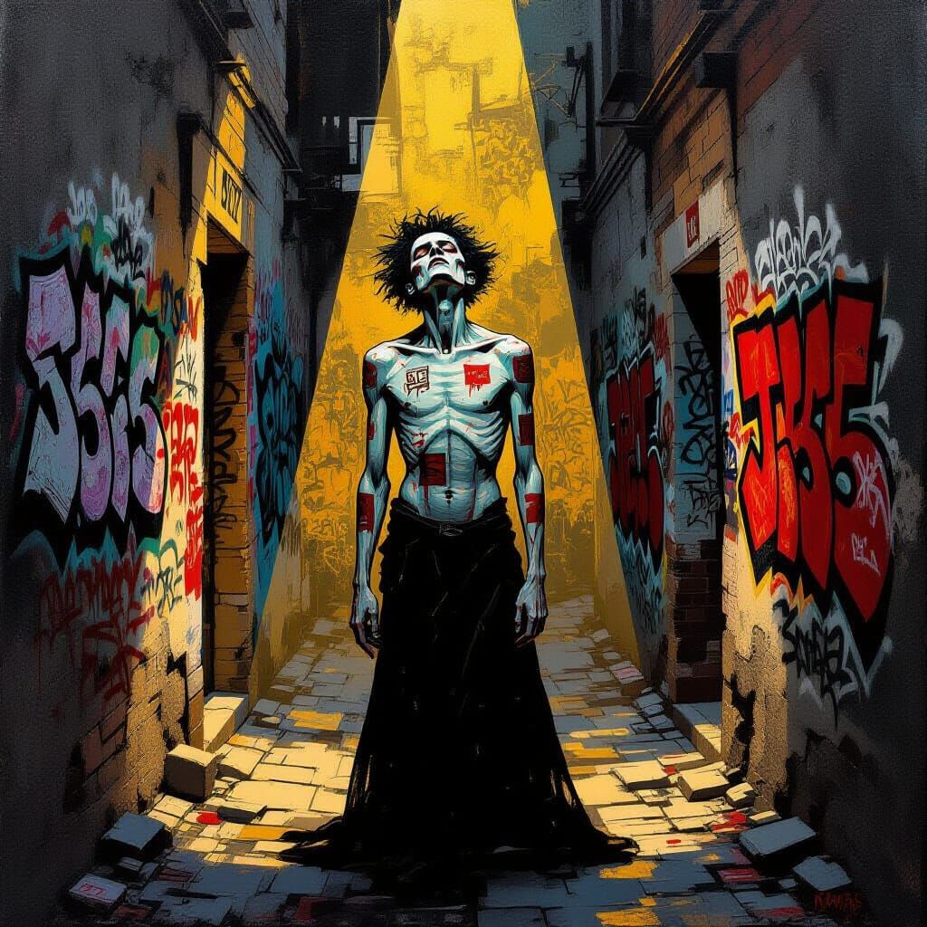 Urban Figure with Graffiti in Baroque Chiaroscuro