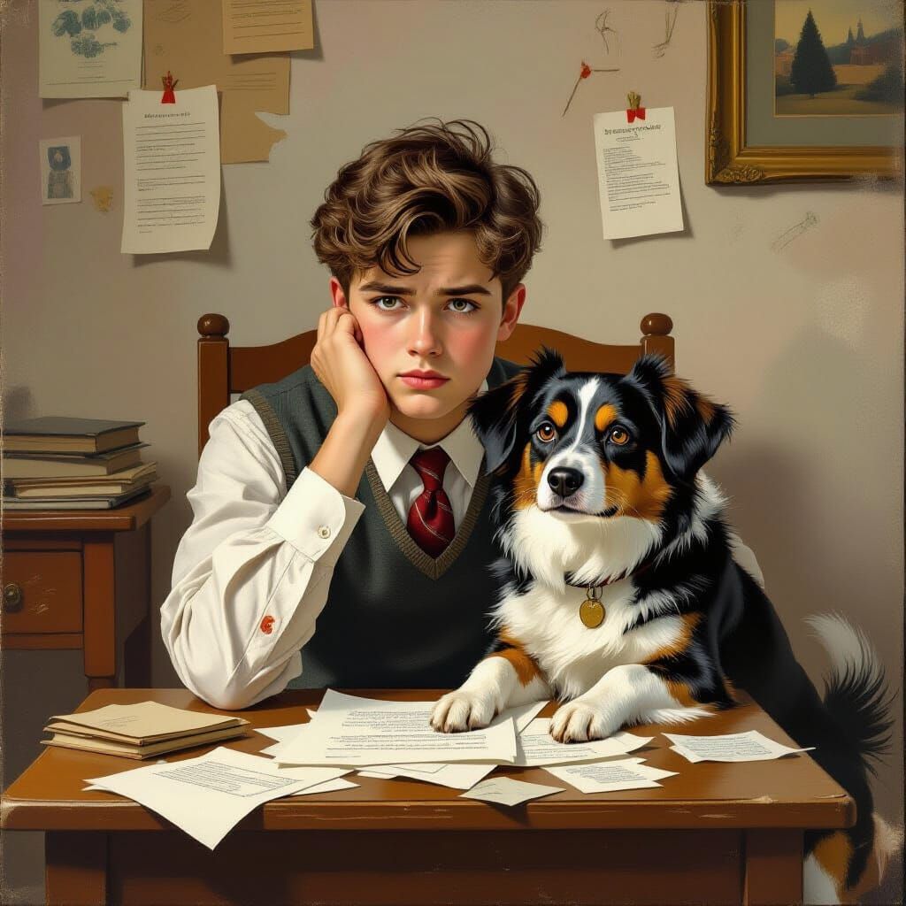 Remorseful Student with Dog, Rockwell Style Digital Art