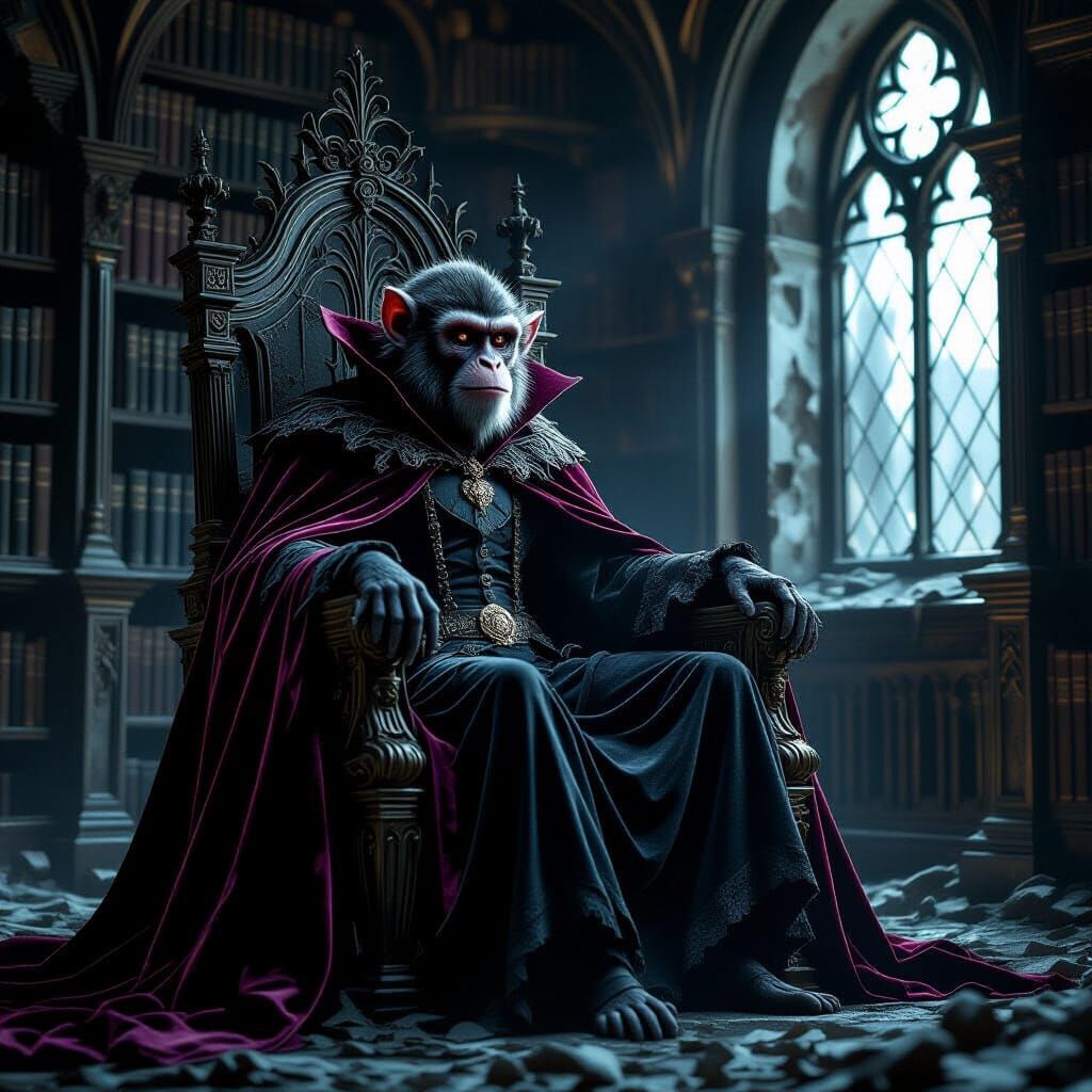 Vampire Monkey King on Bone Throne in Gothic Library