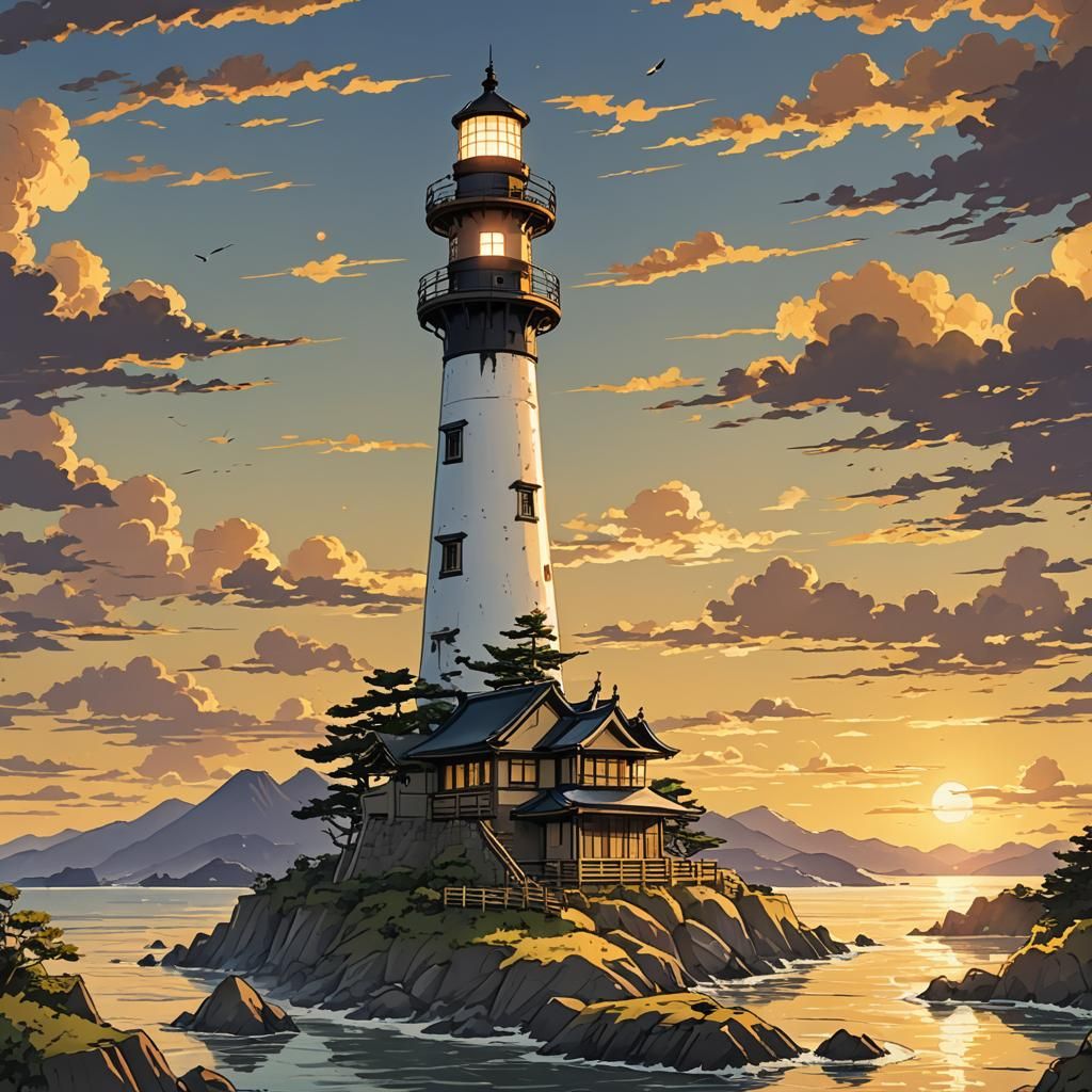Sengoku Japan Lighthouse at Sunset: Anime Style