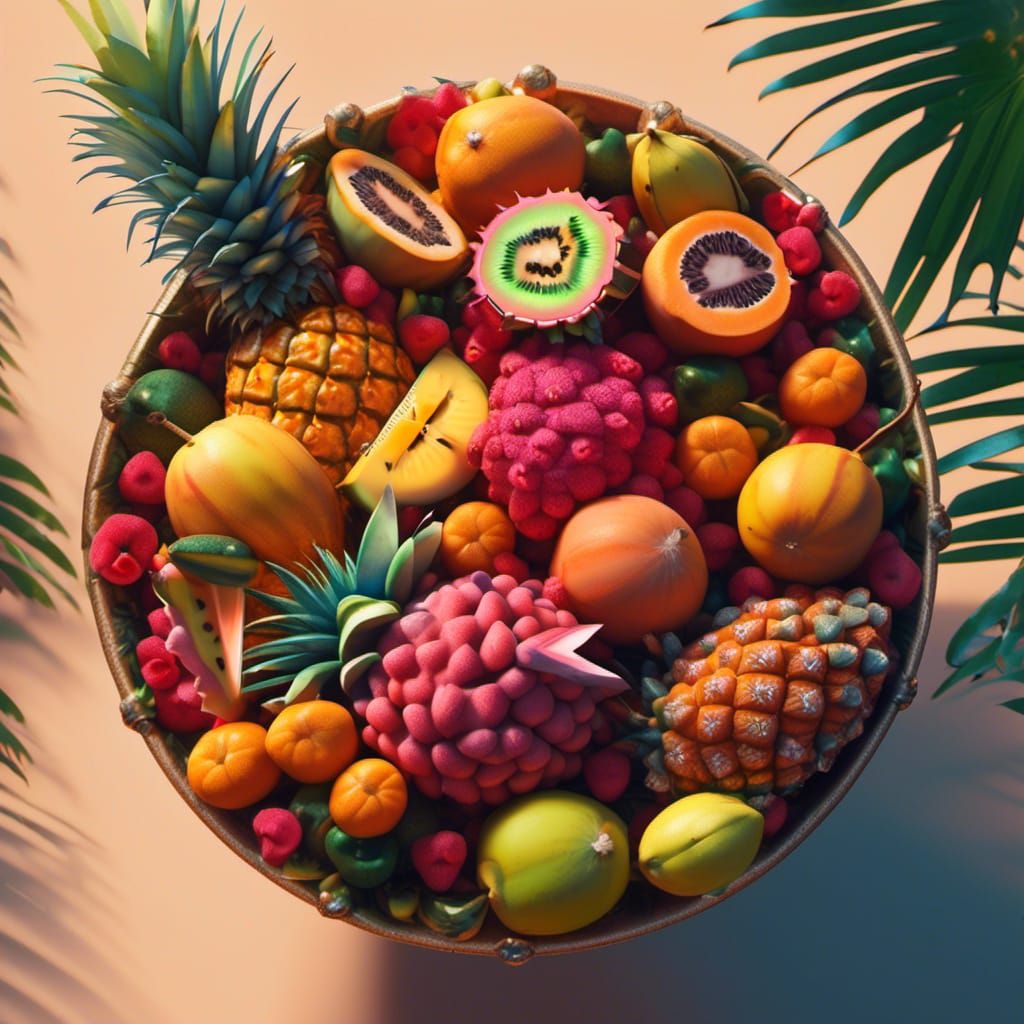 Overhead View of Tropical Fruit Bowl, Detailed Matte Paintin...