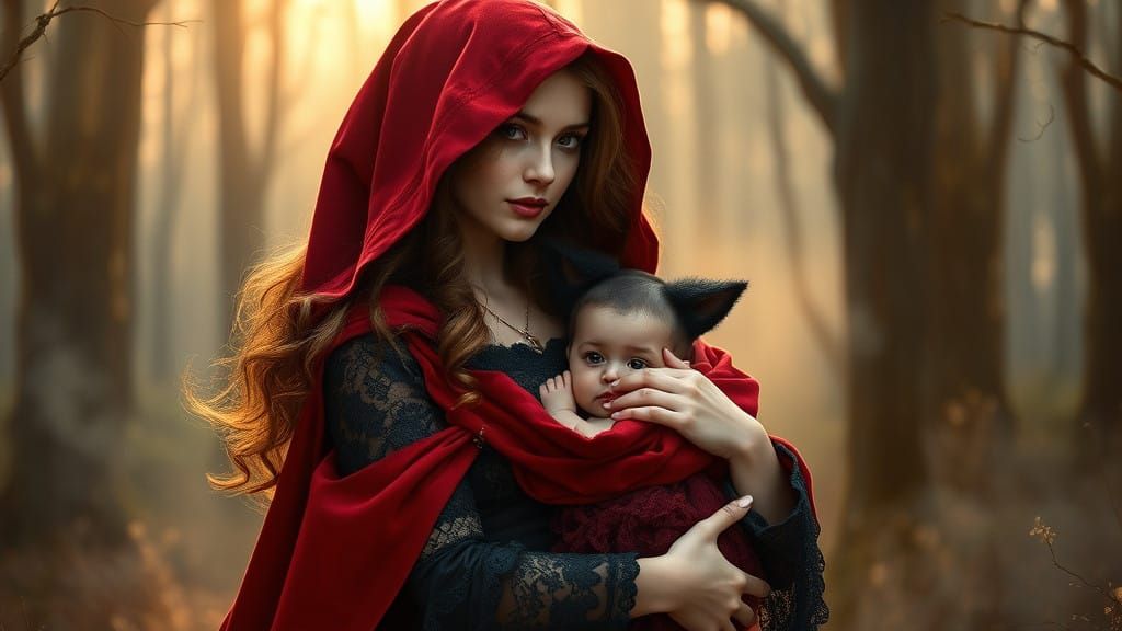 Serene Mother Protects Baby in Whimsical Woodland Scene