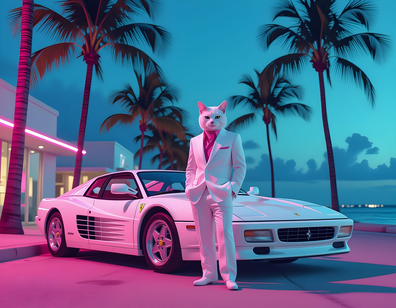 Cat in White Suit with Ferrari, Miami Vice Style