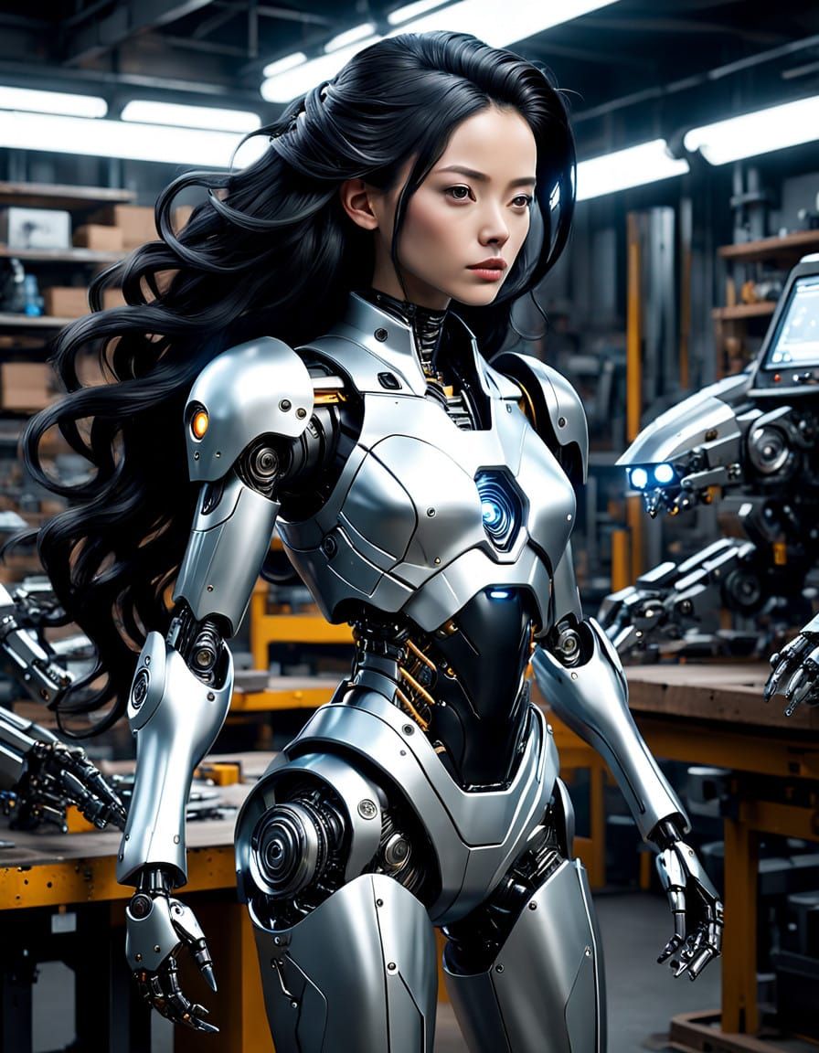 Cyborg Fabricator in a Futuristic Workshop