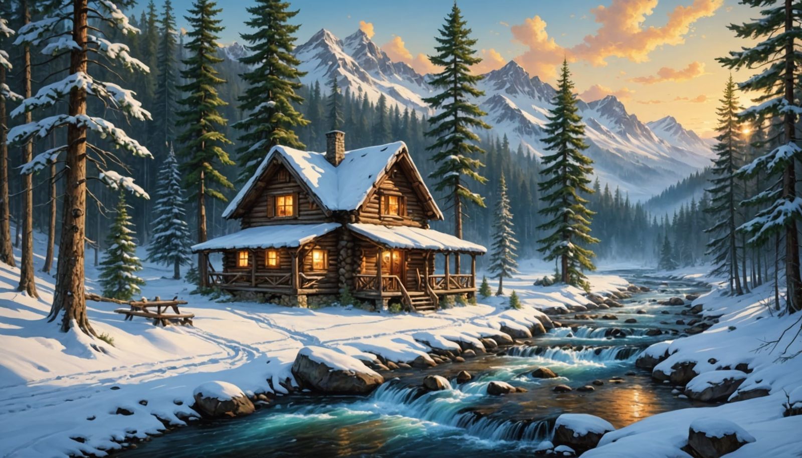Winter Cabin Scene: A Hyperdetailed Digital Painting