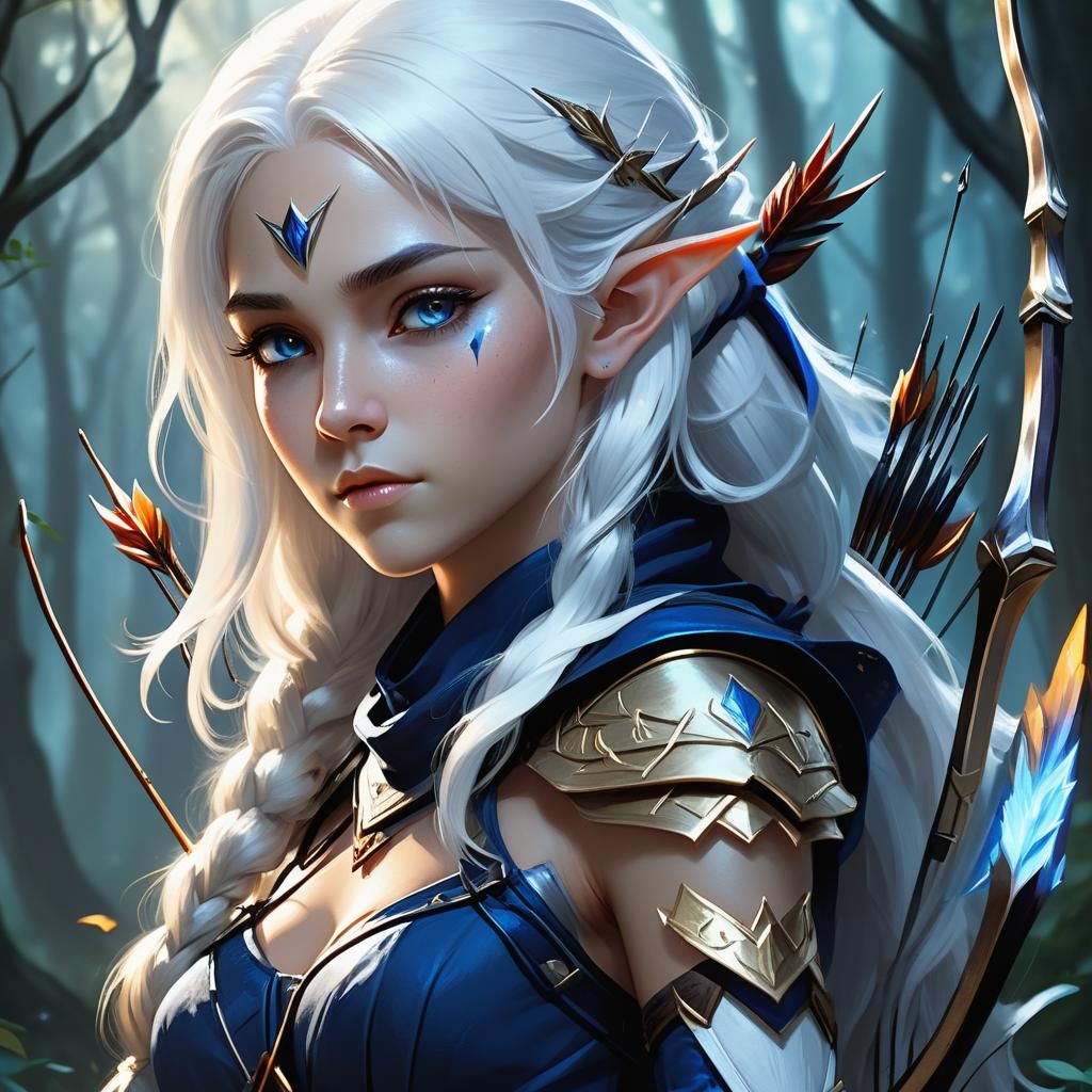 Blue Moon Elf Warrior Portrait in Splash Art Style