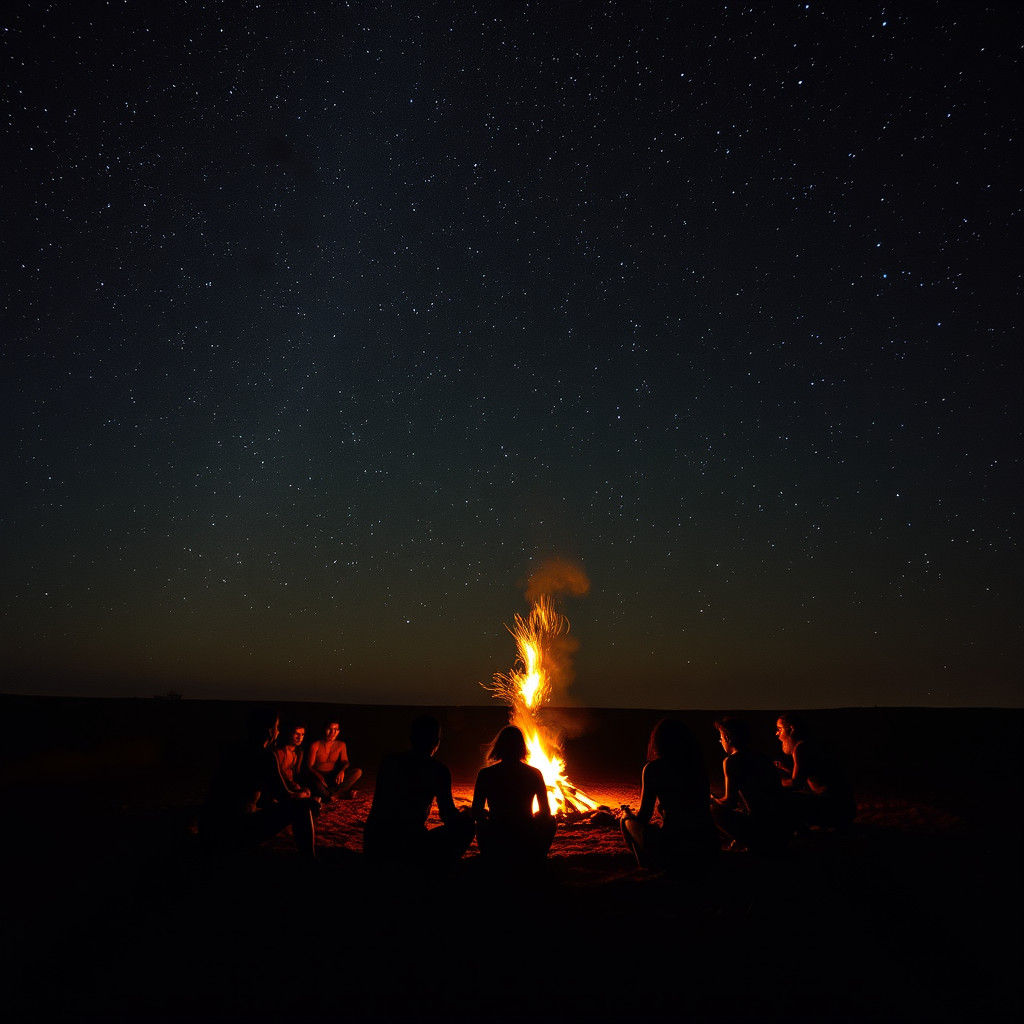 Aboriginal Campfire Under Starry Sky: Cinematic Film Still
