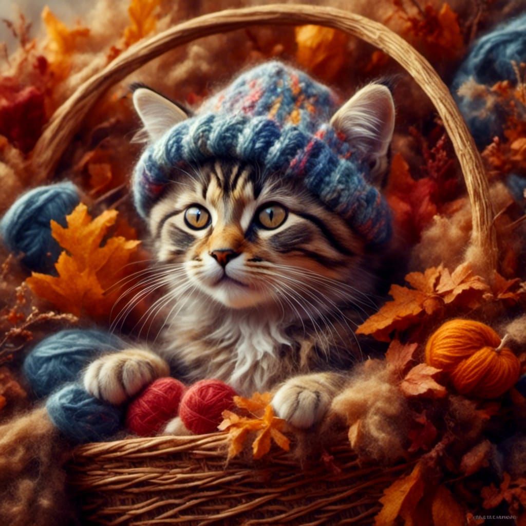 Cute cat clad in a knitted sweater and a tiny matching hat