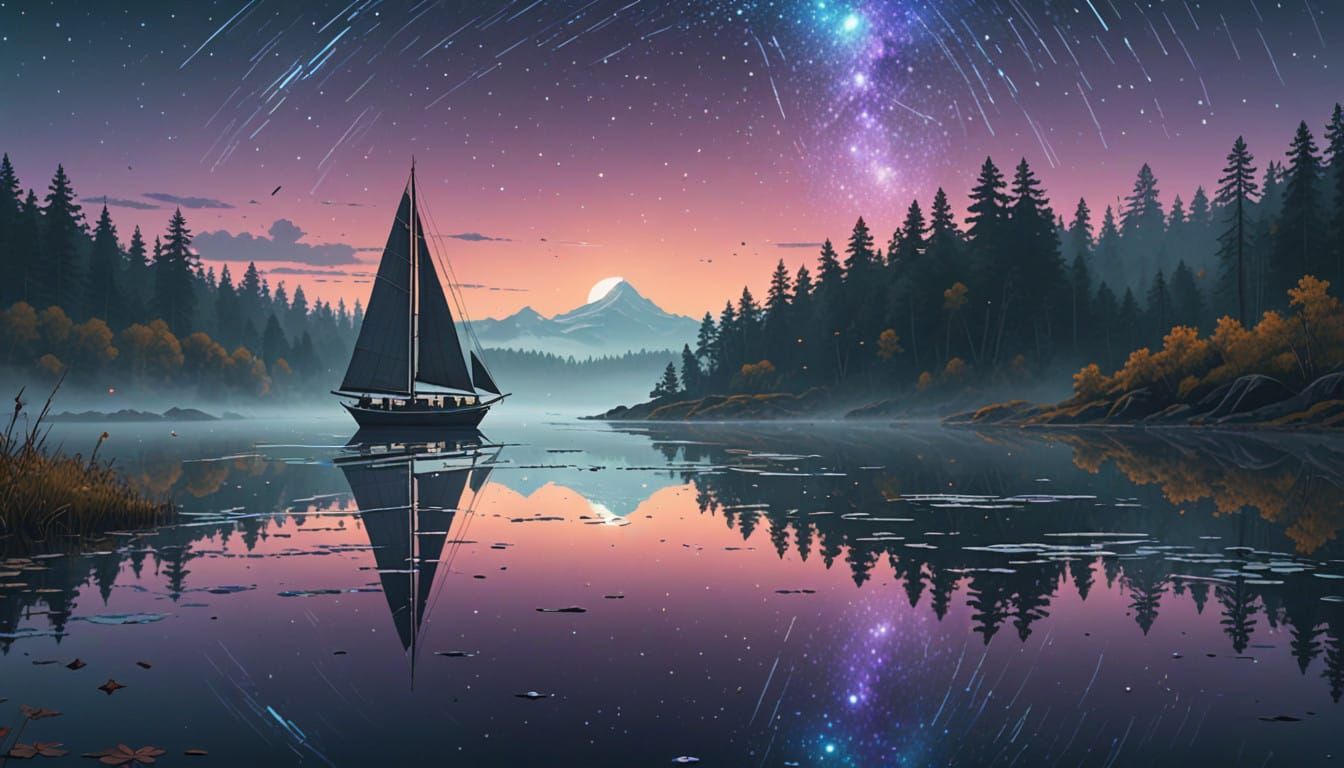 Ethereal Sailboat in Amethyst Hues, Surrounded by Falling Cr...