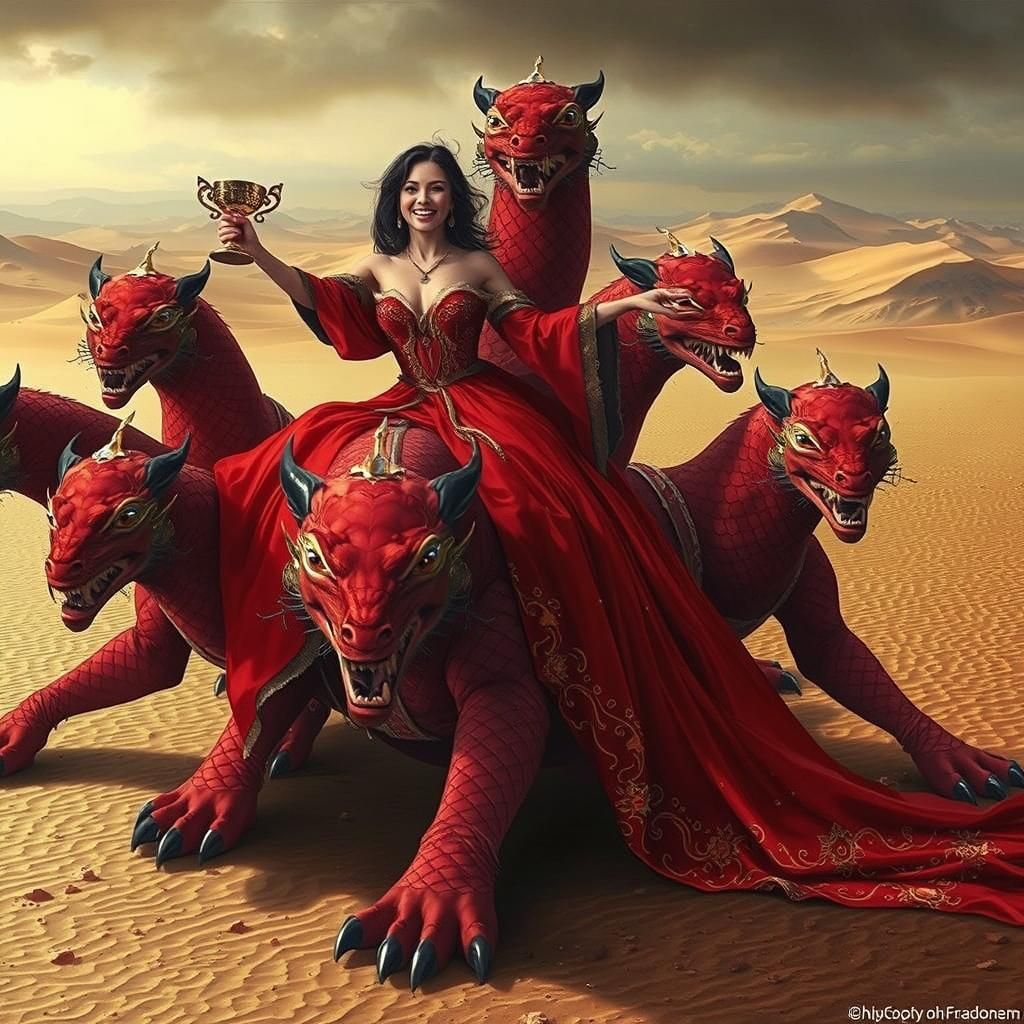 Woman Rides Seven-Headed Beast in Desert Landscape