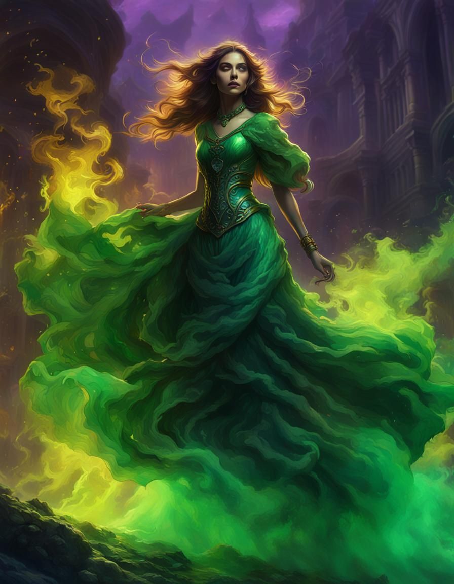 Ethereal Woman in Green Smoke Dress