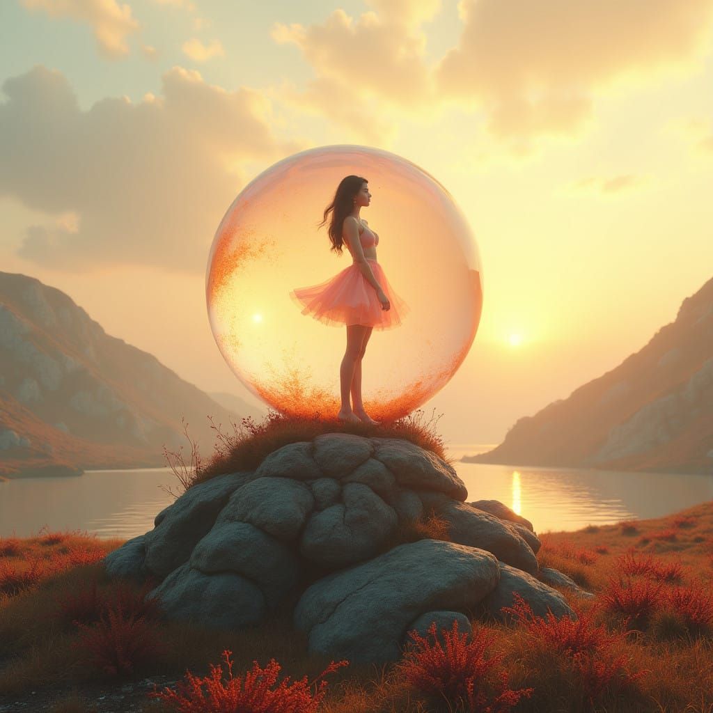 Serene Autumn Goddess in a Glass Sphere Amidst a Sunset Land...