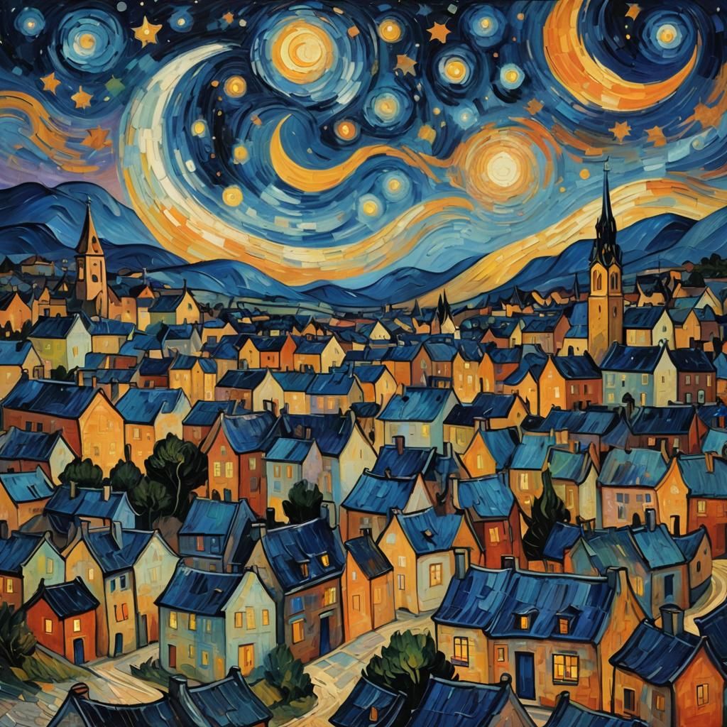 Starry Nightscape in Impressionist Painting Style