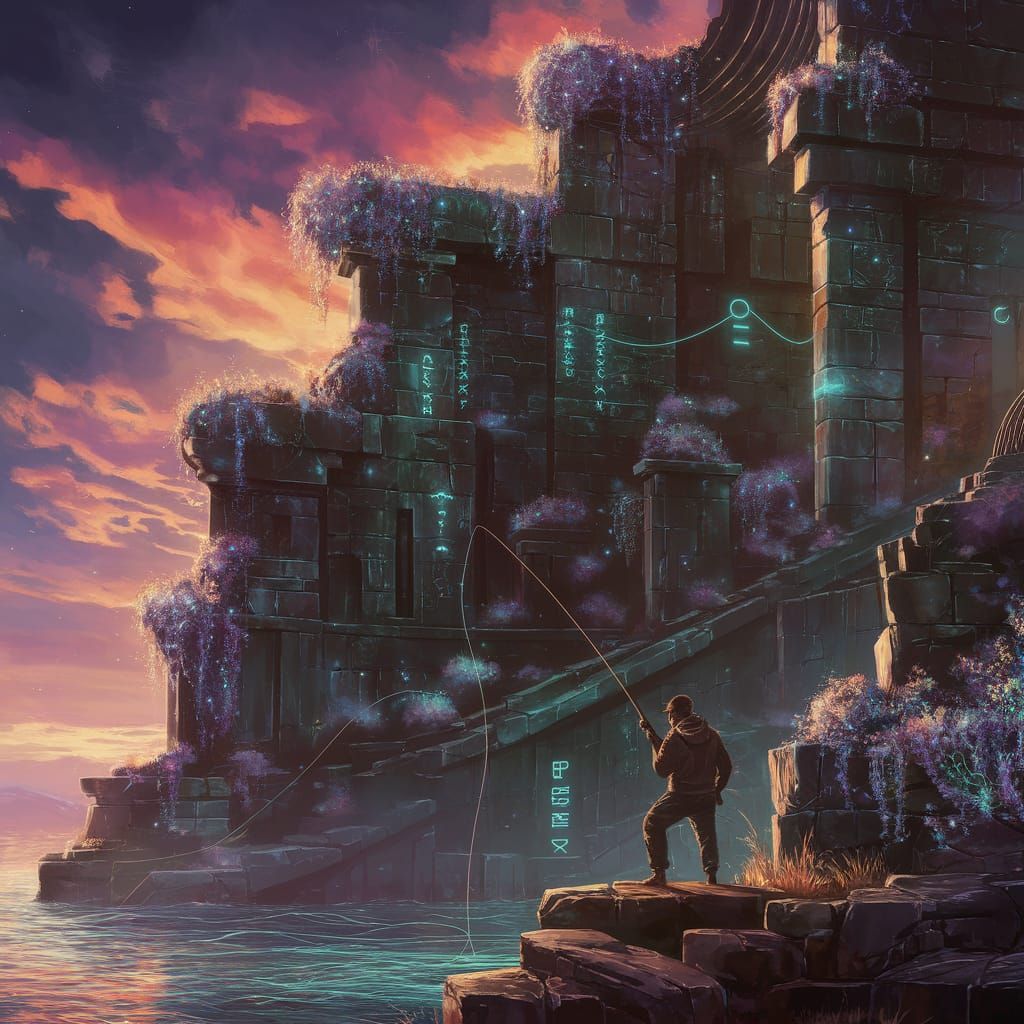 Fisherman Beside Ancient Ruin Overgrown with Bioluminescent ...