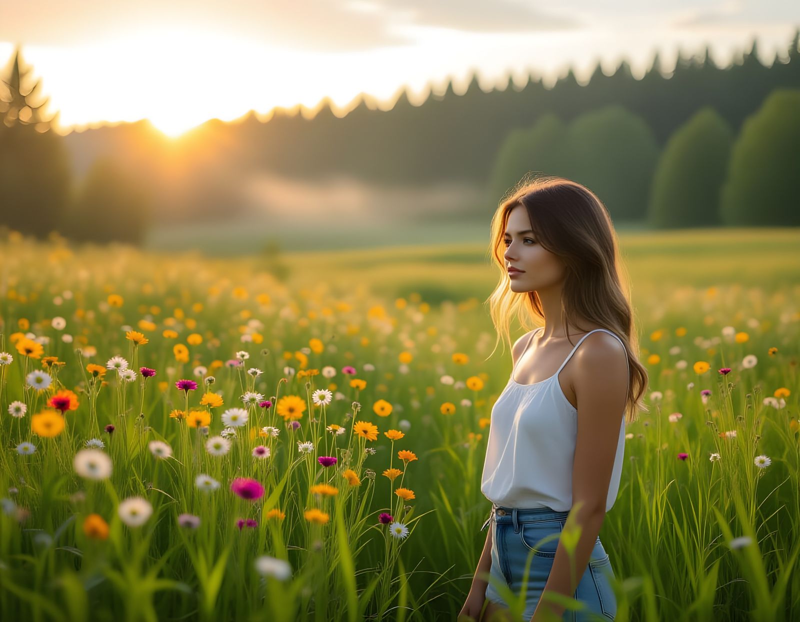 Lush August Forest in Predawn Haze: Hyperrealistic Photograp...