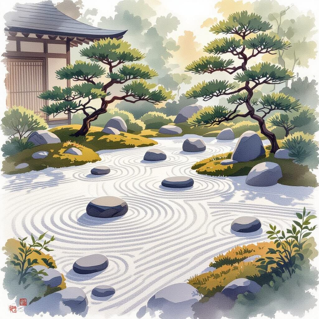 Zen Garden: Minimalist Watercolor Landscape
