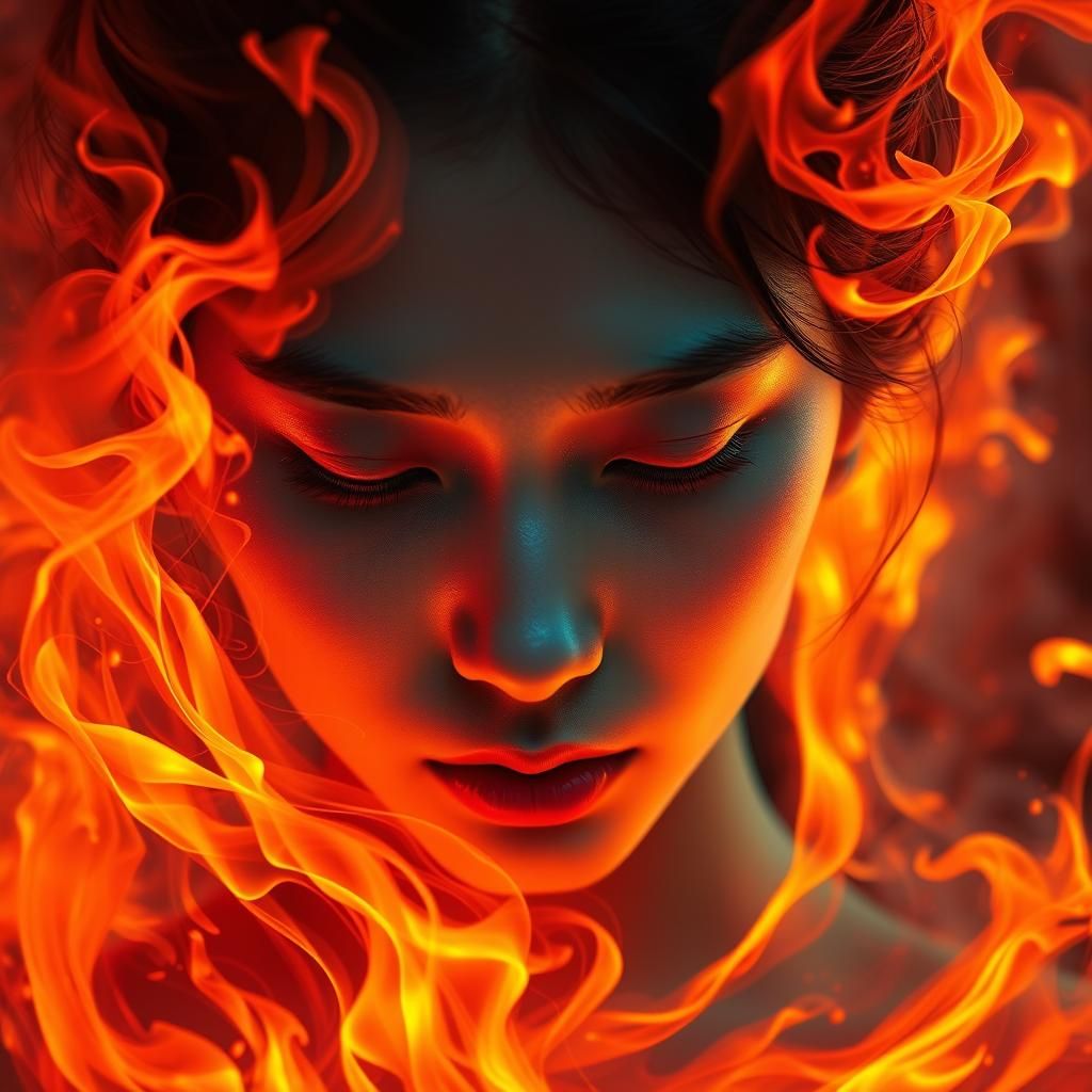 Fiery Portrait: Woman's Face Ablaze in Digital Art