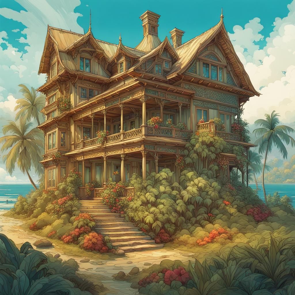 Hawaiian Country House Illustration in Art Nouveau Style
