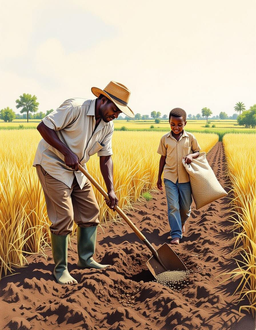 Rural Farmer and Boy Working Field, Graphite Pencil Drawing