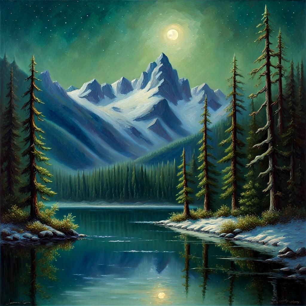 Lush Evergreen Forest Lake at Night, Oil Painting