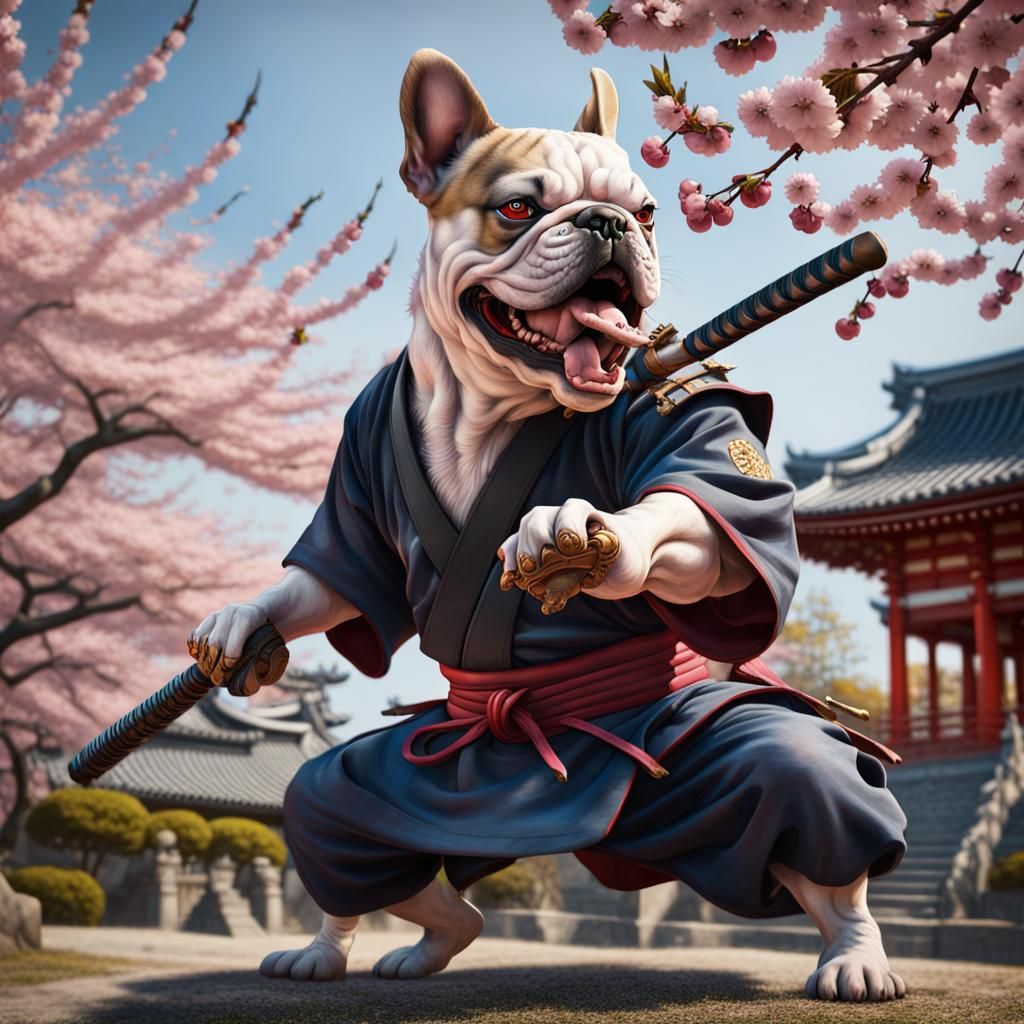 French Bulldog Samurai Fight: Hyperrealistic Splash Art