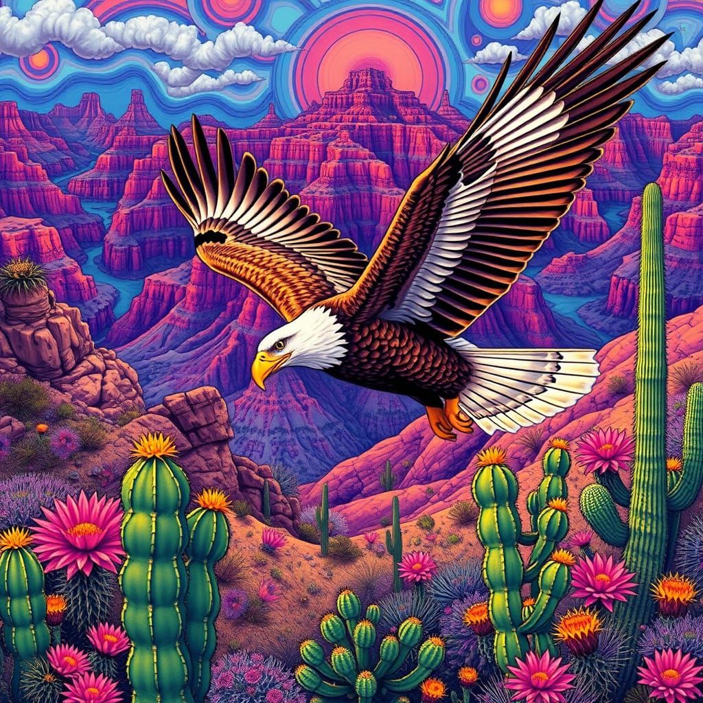 Bald Eagle Soaring Over Arizona Desert in Psychedelic Style
